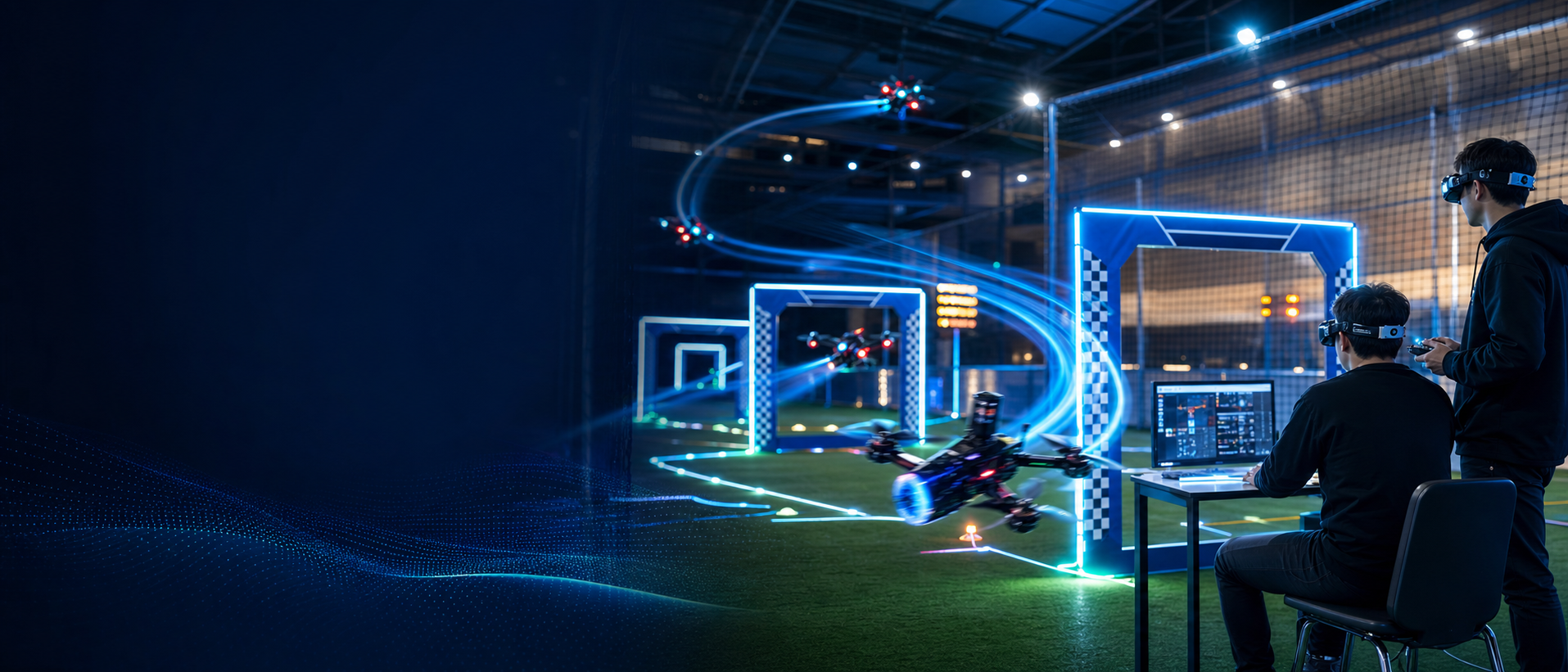 LED kapılardan geçen FPV yarış drone eğitimi
